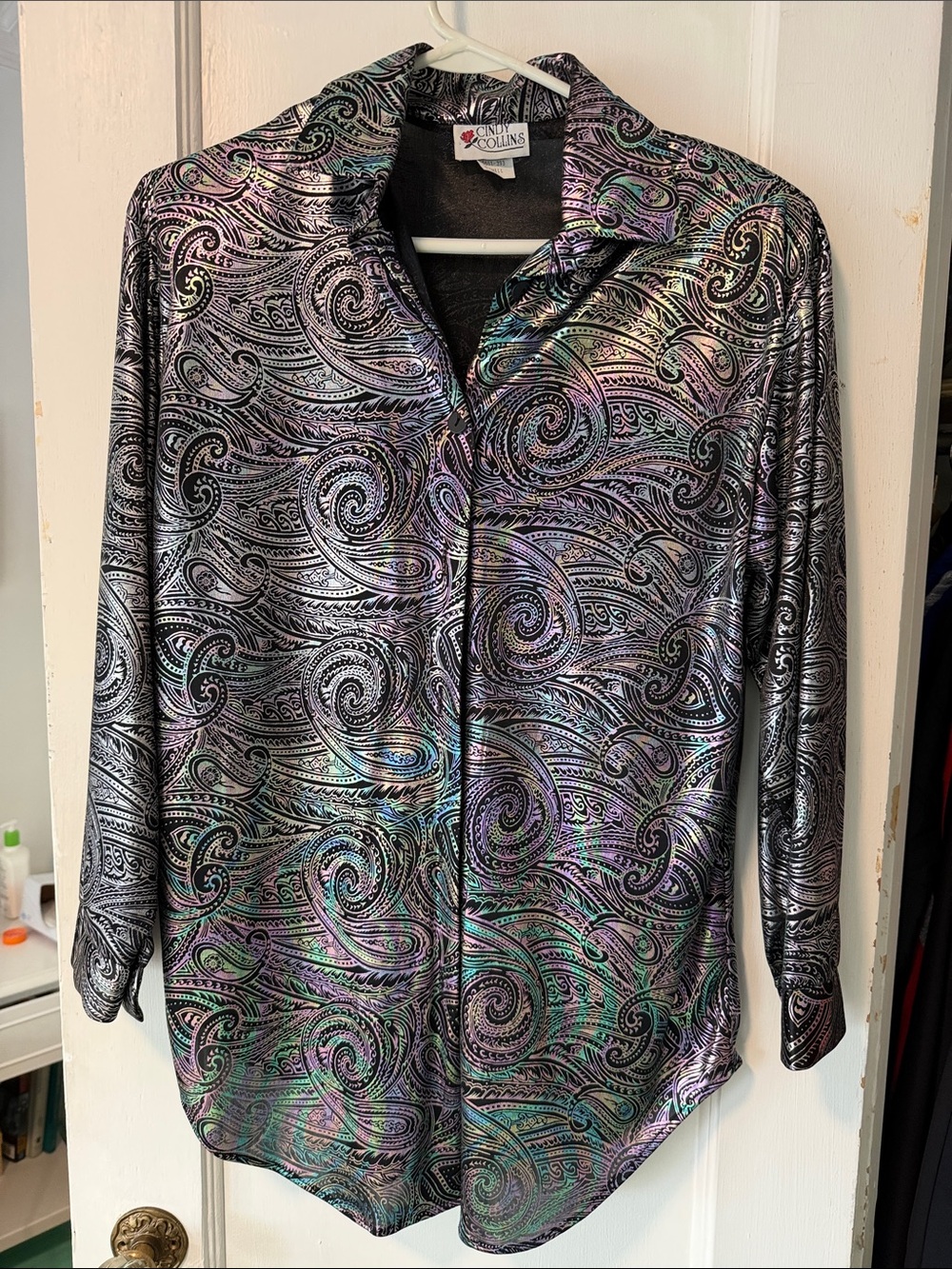 Vintage 80s Cindy Collins Iridescent Metallic Paisley Sheer Blouse Size small.